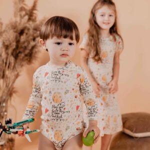 Body cu print din lână merinos și mătase pentru copii