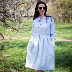 Rochie din in țesut cu mânecă lungă pentru femei