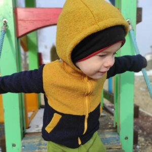 Jachetă copii din lână fiartă mustar și albastru închis