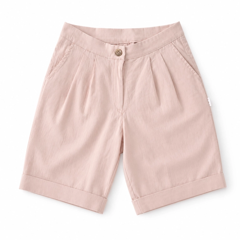 Pantaloni scurți eleganți din in țesut pentru femei Melissas – stil natural și rafinat Pantaloni scurți eleganți damă din in țesut natural roz pudrat Melissas