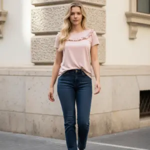 Model purtând tricou damă din in tricotat cu volănaș și mânecă lăsată Melissas