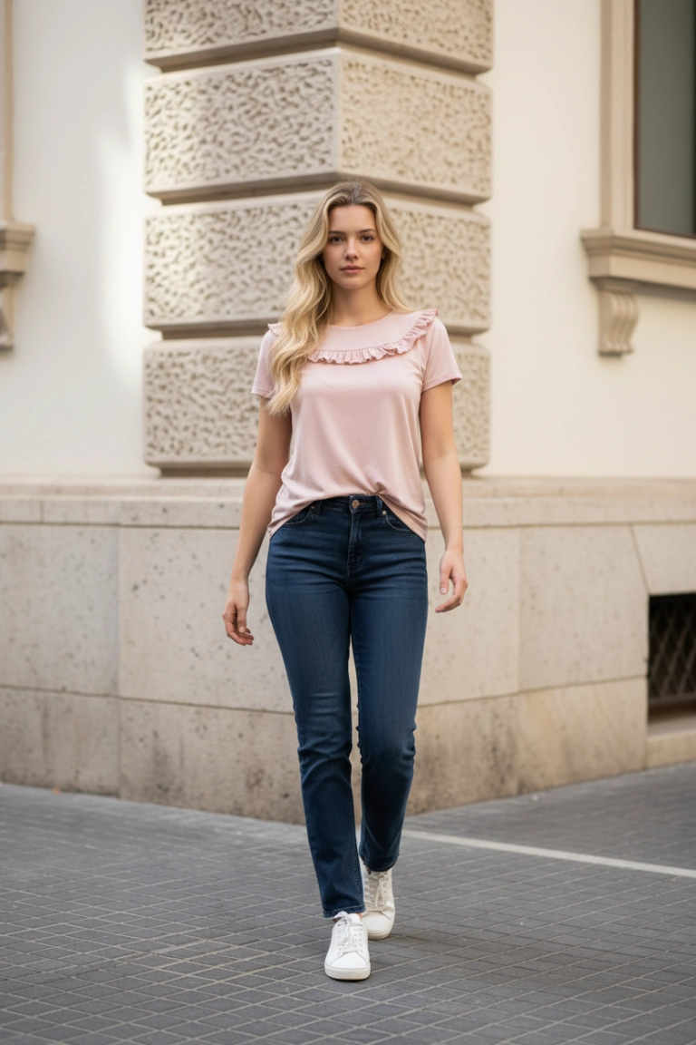 Tricou damă din in tricotat cu volănaș Melissas Model purtând tricou damă din in tricotat cu volănaș și mânecă lăsată Melissas
