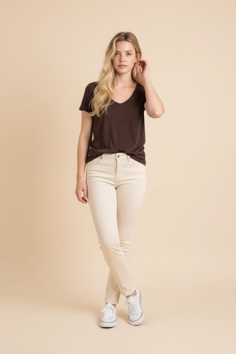 Tricou femei din mătase 70% și merinos 30% Melissas – confort natural 180gsm Model purtând tricou femei din mătase 70% și merinos 30% Melissas 180gsm, material natural premium