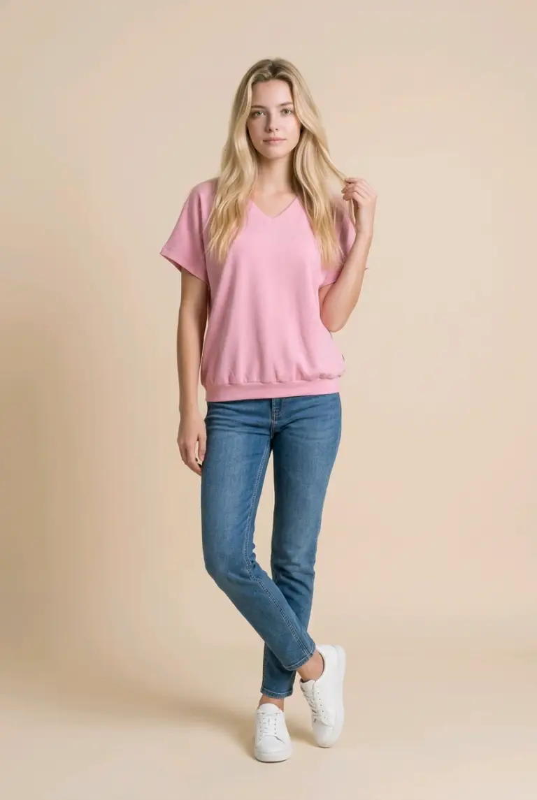 Tricou lejer din Tencel cu betelie Melissas – material natural moale și respirabil Model purtând tricou lejer din Tencel cu betelie Melissas, material natural moale și respirabil
