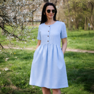 Rochie din in țesut bleu cu nasturi și buzunare pentru femei, mânecă scurtă
