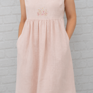 Rochie din in țesut cu broderie florală și buzunare